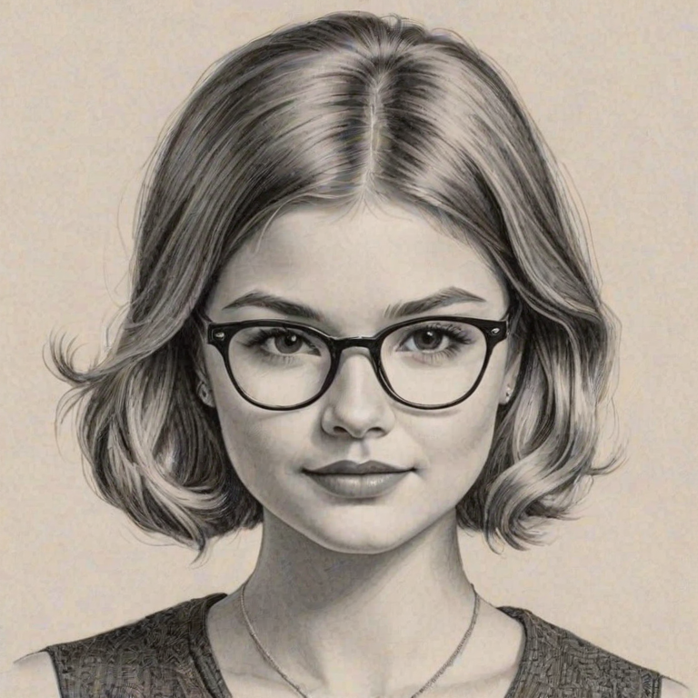 Sublime Stefanie Scott, pencil sketch, portrait of Beauteous woman 1928s in glasses, hair style beatnik, outline, clear lines, fine lines, 8k