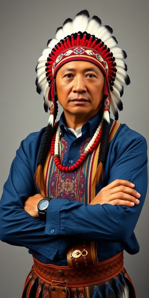 Create a dignified portrait of a Native American man dressed in traditional attire. He wears a beautifully crafted headdress adorned with white feathers and red beads, along with a beaded headband featuring intricate patterns. His clothing includes a deep blue, patterned shirt and a traditional chest piece with detailed beadwork. His arms are crossed, displaying leather armbands decorated with feathers. The background is simple and neutral, emphasizing his proud and stoic expression. The overall image captures the rich cultural heritage and strength of his persona.