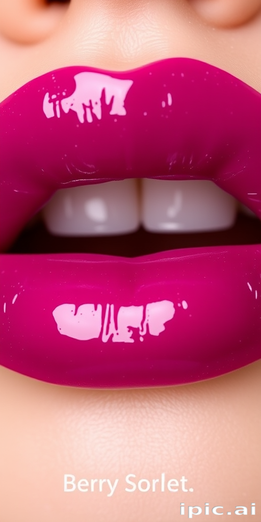 Glossy plum lips with a jelly-like finish, dubbed "Berry Sorbet," display a juicy, translucent color and ultra-hydrated appearance for a fresh, fruity vibe