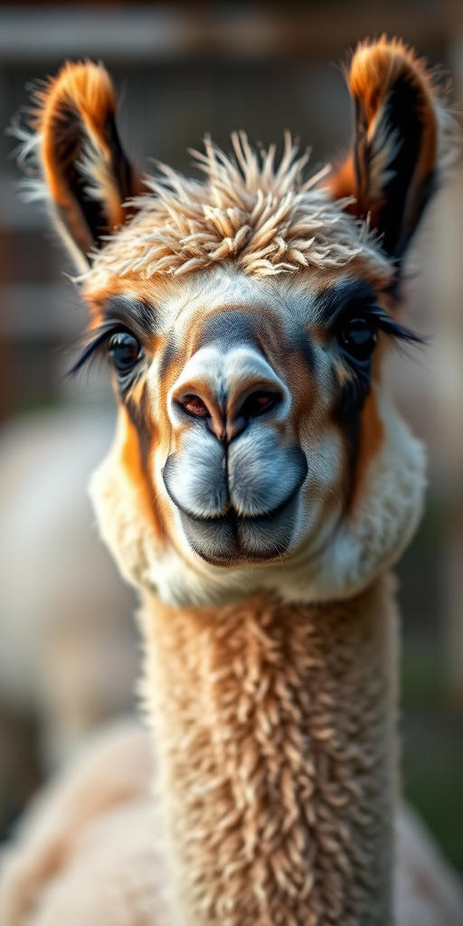 Capture a close-up of an alpaca with a soft focus background, using a DSLR camera with a 50mm lens at f/1.8, ISO 200, and a shutter speed of 1/200s to highlight its features and textures.