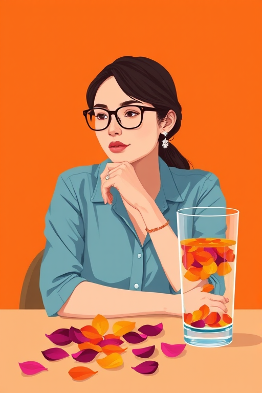 A digital illustration of a woman with glasses sitting at a table, thoughtfully gazing at colorful petals beside a glass of water, vibrant orange background, using a Canon EOS R5 with a 50mm lens, aperture set to f/1.8, shutter speed 1/125s, ISO 100, in a flat design style for enhanced clarity and color vibrancy.