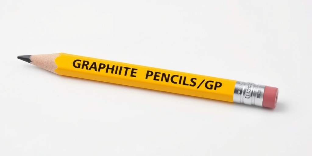 Generate an image of a yellow graphite pencil labeled "GRAPHITE PENCIL 1234/S/GP" with "SOFT" written on it, captured using a DSLR camera with a 50mm lens at f/2.8, 1/100 sec exposure in natural lighting with a clean white background.