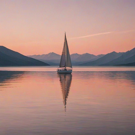 Softly focused image of a sailboat gliding across a calm lake at sunset, soft orange and pink hues reflecting off the water, with distant mountains and a peaceful, serene atmosphere blending into the background.