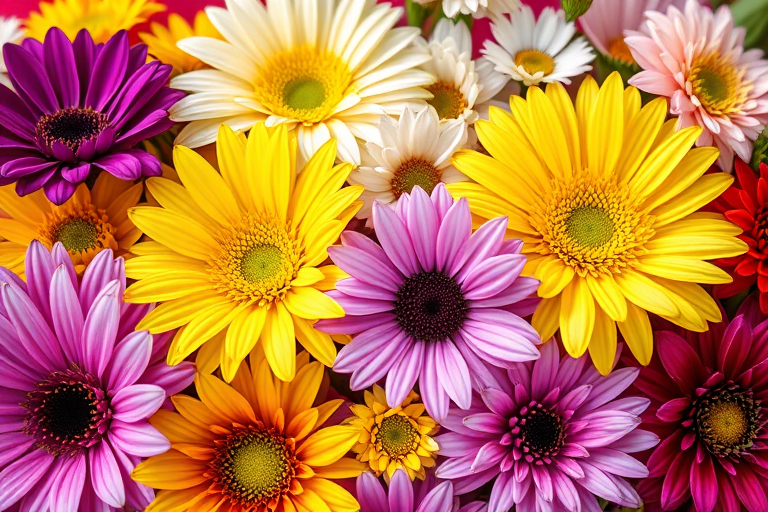 regenerate a detailed illustration of various flowers including purple, white, yellow, and red blooms arranged aesthetically, macro shot, aperture f/2.8, ISO 100, DSLR camera, natural light, vibrant colors