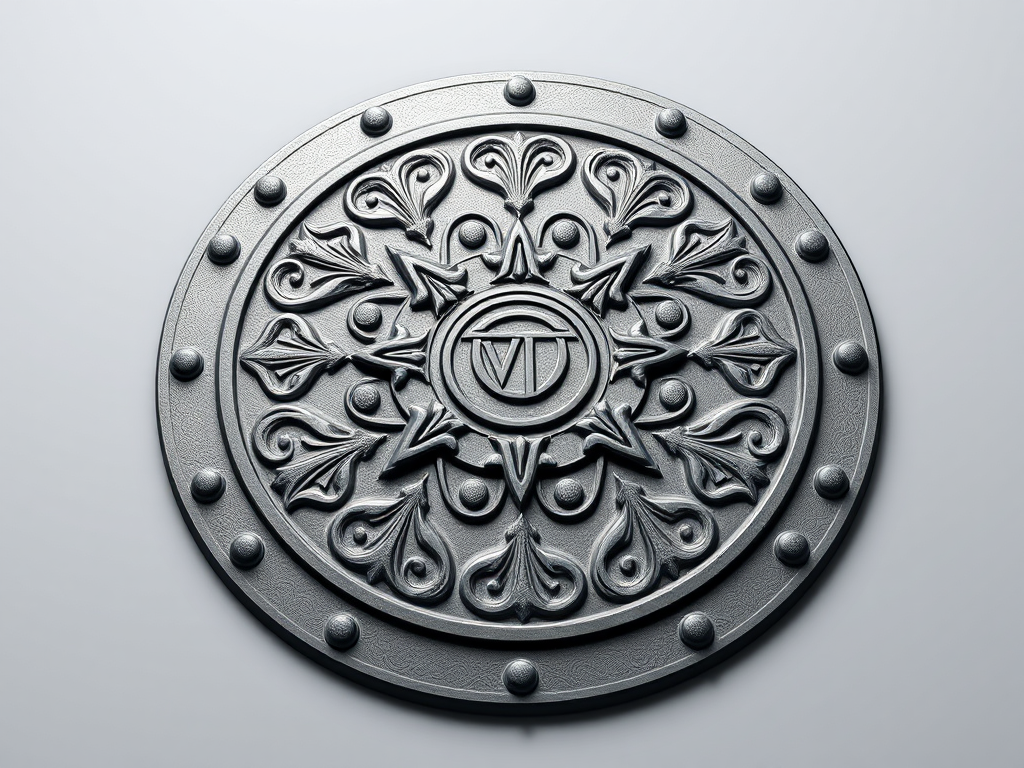 Create a high-resolution 3D render of a manhole cover with intricate patterns and a central emblem, using a DSLR camera with a 50mm lens, f/8 aperture, ISO 100, in a studio setting with soft diffused lighting to enhance texture and detail.