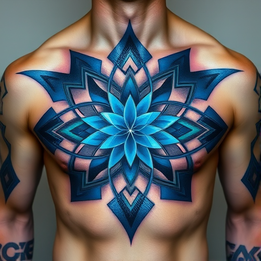 Mesmerizing geometric tattoo covering the chest and shoulders composed of interlocking shapes in shades of electric blue and metallic silver creating an optical illusion effect with precise symmetry