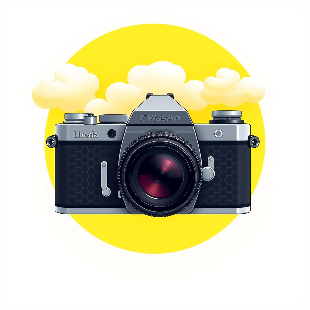 Create an illustration of a vintage camera with a sleek design, set against a bright yellow circular background featuring soft, fluffy clouds, using a 50mm lens, f/1.8 aperture, ISO 100, shooting from eye level with a shallow depth of field for enhanced detail and vibrancy.