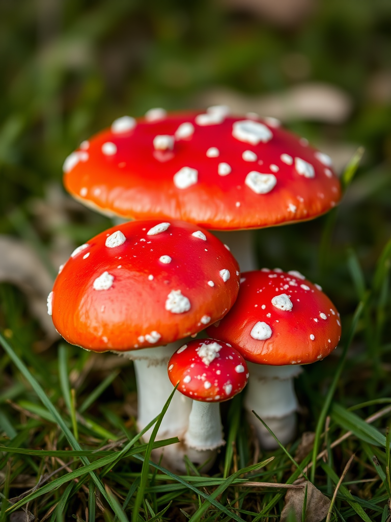 Capture a close-up shot of vibrant red mushrooms with white spots on a grassy background, using a DSLR camera at f/2.8 aperture, ISO 200, 1/60 shutter speed, in natural light with a shallow depth of field for a soft background blur.