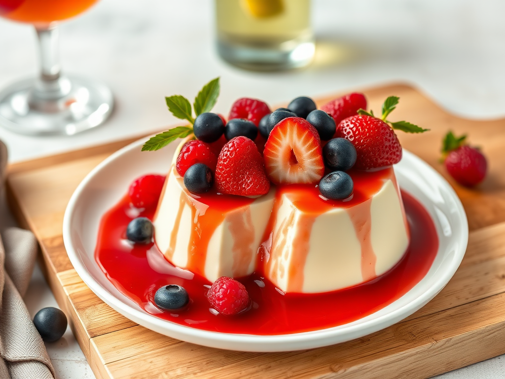 A delicious panna cotta dessert topped with fresh strawberries raspberries and blueberries on a white plate with a drizzle of red fruit sauce served on a wooden cutting board with a glass of drink in the background