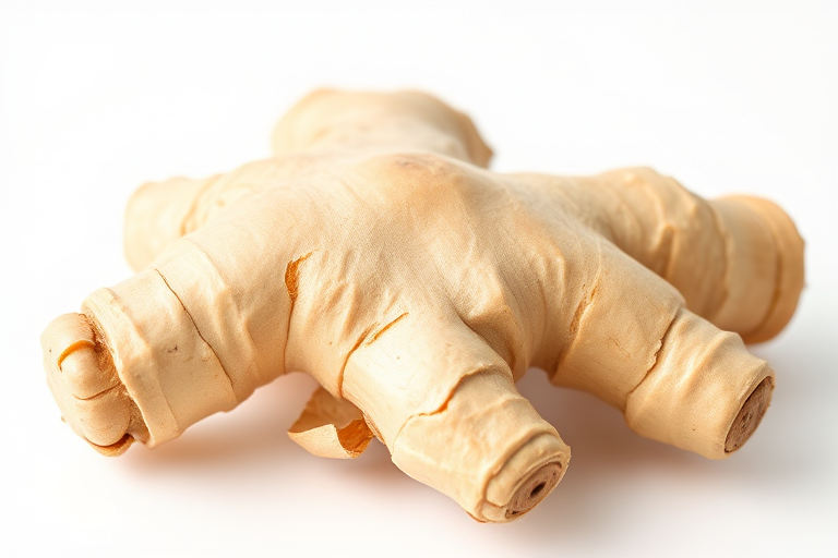 Close-up shot of fresh ginger root on a white background, taken with a DSLR camera, aperture f/2.8, ISO 100, shutter speed 1/125s, natural light, macro lens for enhanced detail and texture.