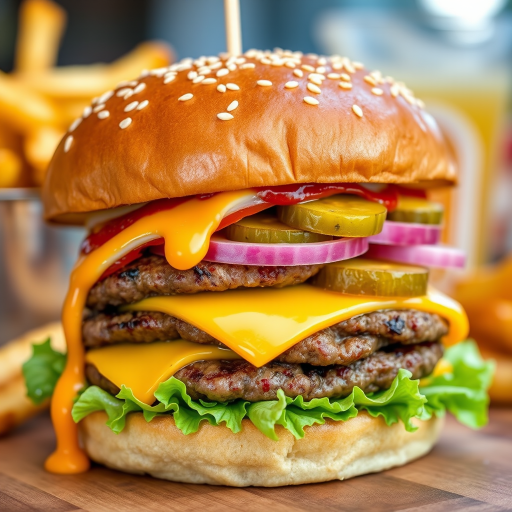 High-resolution, close-up image of a gourmet double cheeseburger. The burger features a glossy, sesame-seed-topped brioche bun. Inside, there are two thick, juicy beef patties, each topped with melted cheddar cheese. The burger is garnished with fresh lettuce, tomato slices, diced onions, and pickles. A generous amount of ketchup and a creamy, orange-colored sauce is dripping down the sides, adding to the mouth-watering appeal. In the background, there are blurred elements including a side of golden French fries and a hint of a beverage, enhancing the overall presentation of a delicious meal.