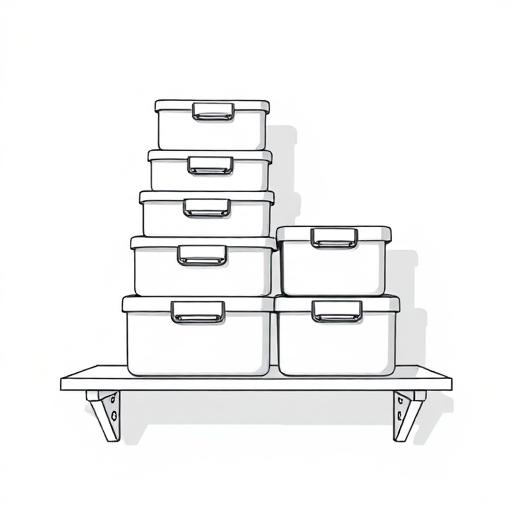 Draw a detailed illustration of a set of six storage boxes stacked on a simple shelf, with a focus on clean lines and sharp shadows, using a DSLR camera with a 50mm lens at f/2.8, ISO 100, and a slight upward angle to showcase depth and dimension.