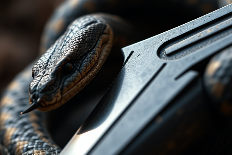 Regenerate the image of a dagger entwined with a snake, macro shot, f/2.8 aperture, ISO 100, natural lighting, 50mm lens, high contrast, sharp focus on the dagger, soft bokeh background.