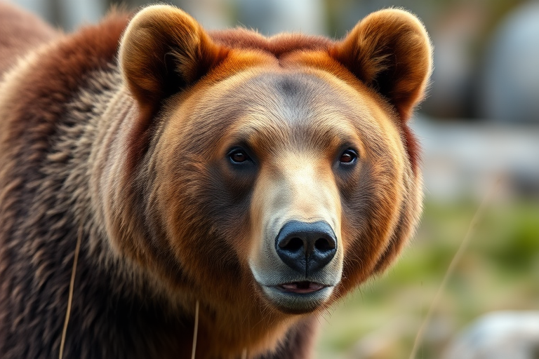 Capture a close-up of a brown bear in a natural setting, using a DSLR camera, 85mm lens, aperture f/2.8, ISO 400, shutter speed 1/250s, natural lighting, shallow depth of field for a blurred background, focused on the bear's face.