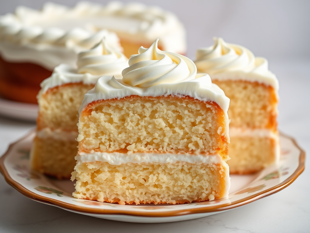 A close-up view of three slices of white cake with fluffy whipped cream frosting arranged on a decorative plate with a light background and soft focus on additional cake slices in the background. The cake has a rich texture and is beautifully presented with swirls of frosting on top.