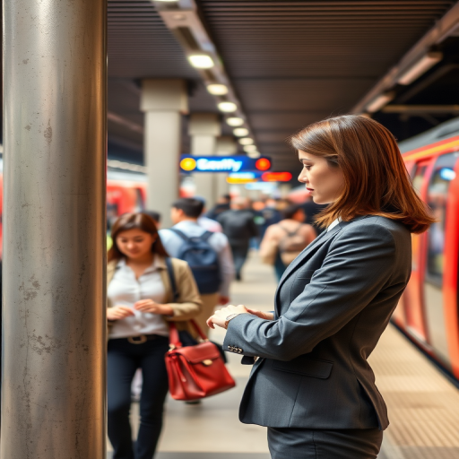 Busy train platform at rush hour, commuters moving quickly, a woman in a business suit stands by a pillar, glancing at her watch as the incoming train approaches.