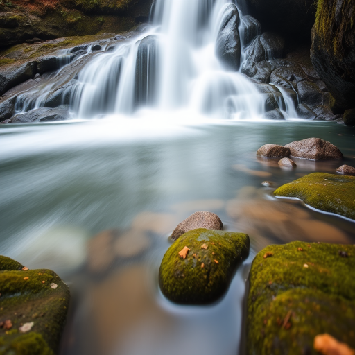 capture a serene waterfall scene with smooth water flow and moss-covered rocks, early morning light, ISO 100, f/8 aperture, 1/4 second shutter speed, wide-angle lens, DSLR camera, low angle perspective