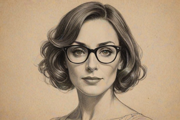 Fetching Laura Benanti, pencil sketch, portrait of Captivating woman 1922s in glasses, hair style beatnik, outline, clear lines, fine lines, 8k