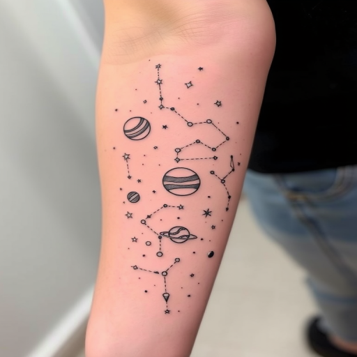 Minimalist line art tattoo titled "Celestial Dance" showcasing a continuous single-line drawing of planets, stars, and constellations, with small pops of metallic gold ink to highlight key celestial bodies