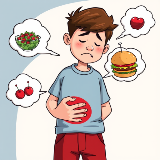 Create a cartoon-style image of a boy holding his stomach in discomfort, with thought bubbles containing a bowl of salad, a cupcake, a burger, and cherries, use a DSLR camera with a 50mm lens, f/2.8 aperture, ISO 100, and a vibrant color scheme to enhance image clarity.