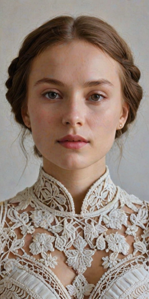 Face, shoulders, chest covered in openwork Ukrainian embroidery. Raw, unedited image.