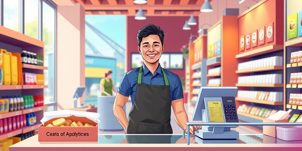 Create a vibrant digital illustration of a cheerful cashier in a modern store setting, standing behind a sleek checkout counter with various products displayed, using a Canon EOS R5 camera, 50mm lens, f/2.8 aperture, ISO 100, in natural light for enhanced brightness and clarity.