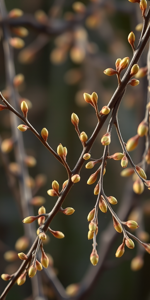 Create a high-resolution illustration of willow branches with delicate buds, soft natural lighting, focal length 50mm, aperture f/2.8, ISO 100, captured with a DSLR camera from a slightly elevated angle, using a macro lens for enhanced detail.