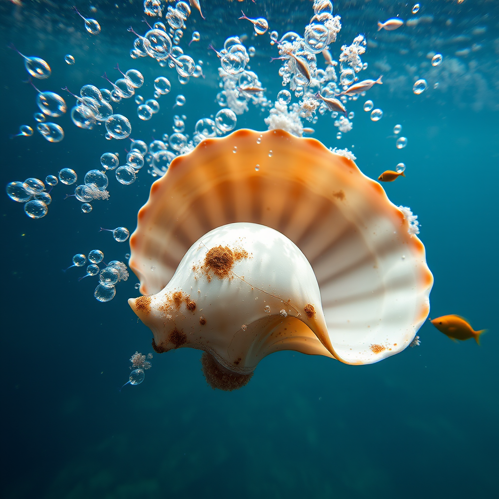 underwater scene featuring a large seashell surrounded by bubbles and small fish, captured with a DSLR camera at f/2.8 aperture, 1/250 sec shutter speed, ISO 100, using a macro lens to enhance detail and clarity, natural lighting for vibrant colors and depth