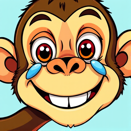 Create a vibrant, cartoon-style illustration of a whimsical monkey face with exaggerated features, including large eyes with tears, a wide grin, and a playful expression, using a bright color palette, captured with a DSLR camera at f/2.8, ISO 100, 1/250s, with a close-up view and vivid contrast to enhance image quality.