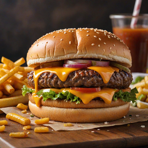 High-resolution, close-up image of a gourmet double cheeseburger. The burger features a glossy, sesame-seed-topped brioche bun. Inside, there are two thick, juicy beef patties, each topped with melted cheddar cheese. The burger is garnished with fresh lettuce, tomato slices, diced onions, and pickles. A generous amount of ketchup and a creamy, orange-colored sauce is dripping down the sides, adding to the mouth-watering appeal. In the background, there are blurred elements including a side of golden French fries and a hint of a beverage, enhancing the overall presentation of a delicious meal.