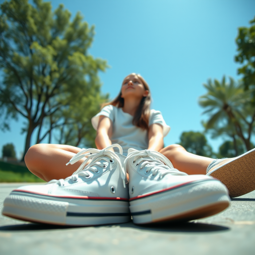 Generate an ultra-realistic, highly detailed, high-definition photograph. It's a photo of a girl sitting on the floor. She's looking at the horizon. The photo is taken from the bottom up, at ground level. The girl's sneakers are in the foreground, in the center of the scene. The girl is wearing light clothes, a t-shirt and short shorts. The sky is blue. Bright environment. The background is a blurred image of a park.