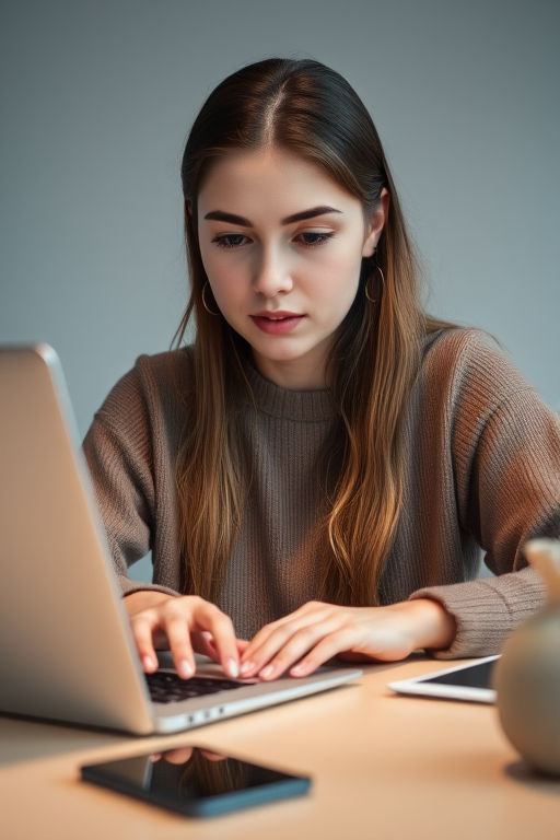 A young woman working on a laptop at a desk, minimalist style, flat colors, soft lighting, camera type: DSLR, camera settings: ISO 200, aperture f/4, shutter speed 1/100, camera view: close-up, focus on the subject with a blurred background.