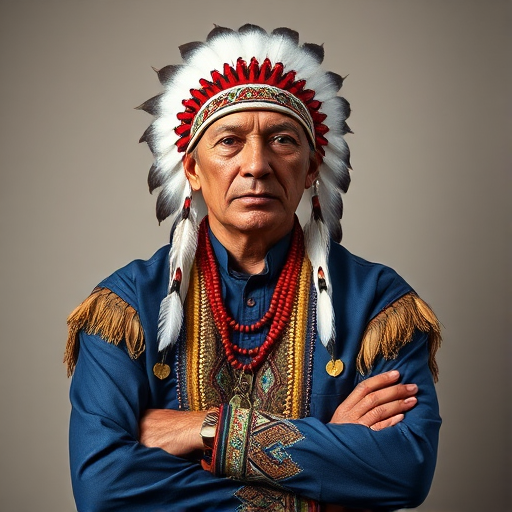 Create a dignified portrait of a Native American man dressed in traditional attire. He wears a beautifully crafted headdress adorned with white feathers and red beads, along with a beaded headband featuring intricate patterns. His clothing includes a deep blue, patterned shirt and a traditional chest piece with detailed beadwork. His arms are crossed, displaying leather armbands decorated with feathers. The background is simple and neutral, emphasizing his proud and stoic expression. The overall image captures the rich cultural heritage and strength of his persona.
