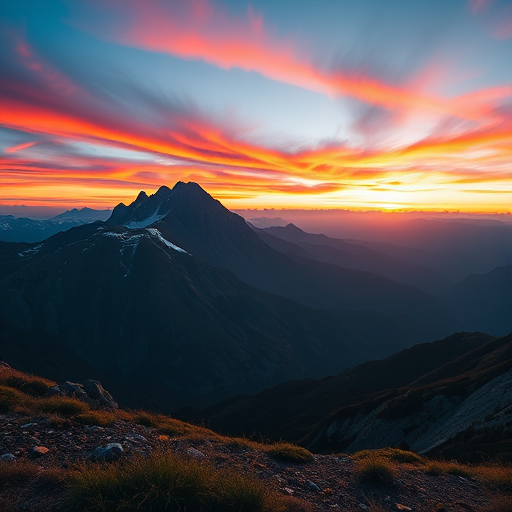 Generate a high-resolution image of a serene mountain landscape at sunrise, with vibrant colors in the sky, sharp focus on the foreground, using a Canon EOS R5, 24mm f/1.4 lens, ISO 100, shutter speed 1/200 sec, landscape orientation, capturing deep contrasts and rich textures.