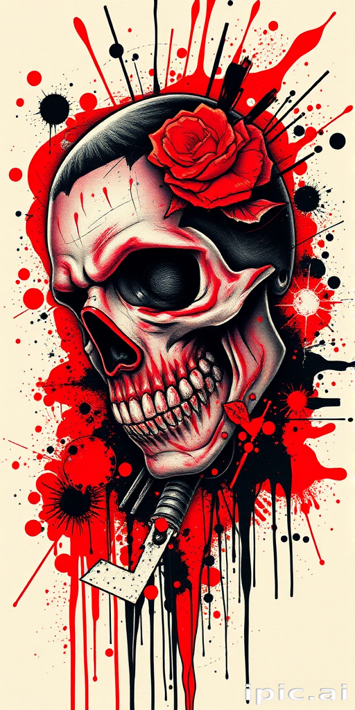 Trash polka "Urban Decay" tattoo composition combining realistic elements with abstract splashes smears and geometric shapes in a bold red and black color scheme for a striking and chaotic appearance