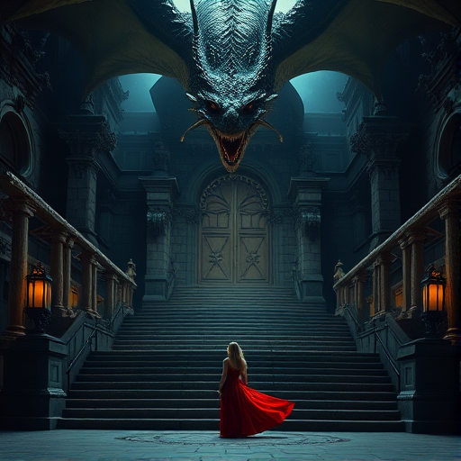 create a fantasy scene featuring a massive, detailed dragon looming over a figure in a flowing red dress standing at the base of grand, ancient stone stairs leading to a mysterious, ornate gateway illuminated by dim light, captured with a DSLR camera, using a wide-angle lens, f/2.8 aperture, ISO 100, 24mm focal length, in soft, moody lighting to enhance depth and shadow.