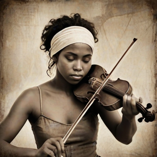 a young Torres Strait Islander woman with a white headband playing a violin, in the style of a charcoal drawing, sepia grunge background