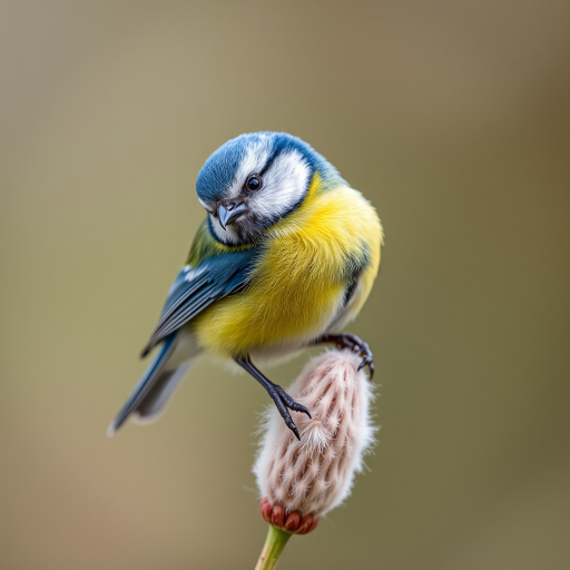 A close-up shot of a blue tit perched on a soft, fluffy stem with a blurred natural background, using a DSLR camera, 200mm lens, f/2.8 aperture, ISO 100, and a shutter speed of 1/500 sec for enhanced detail and clarity.
