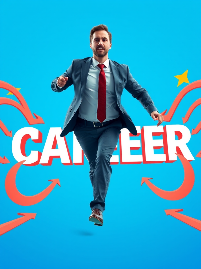 Generate an image of a businessman running towards the word "CAREER" surrounded by dynamic arrows, use a Canon EOS R5, 50mm lens, f/1.8 aperture, ISO 200, with a bright blue gradient background for high contrast and clarity.