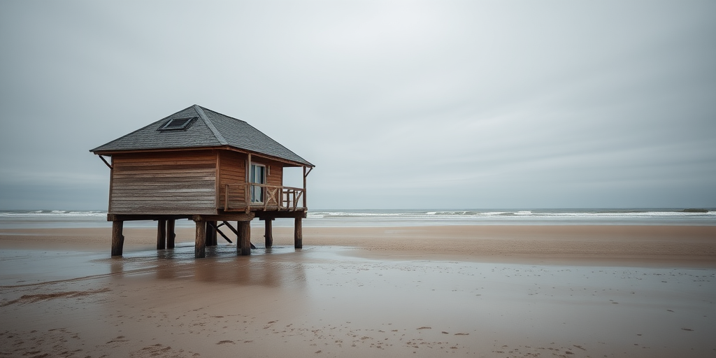 Capture a solitary beach house on stilts at low tide, overcast sky, soft natural light, shot with a Canon EOS R5, ISO 100, f/8, 24mm lens, use a wide-angle perspective for depth, focus on the textures of the wood and sand.
