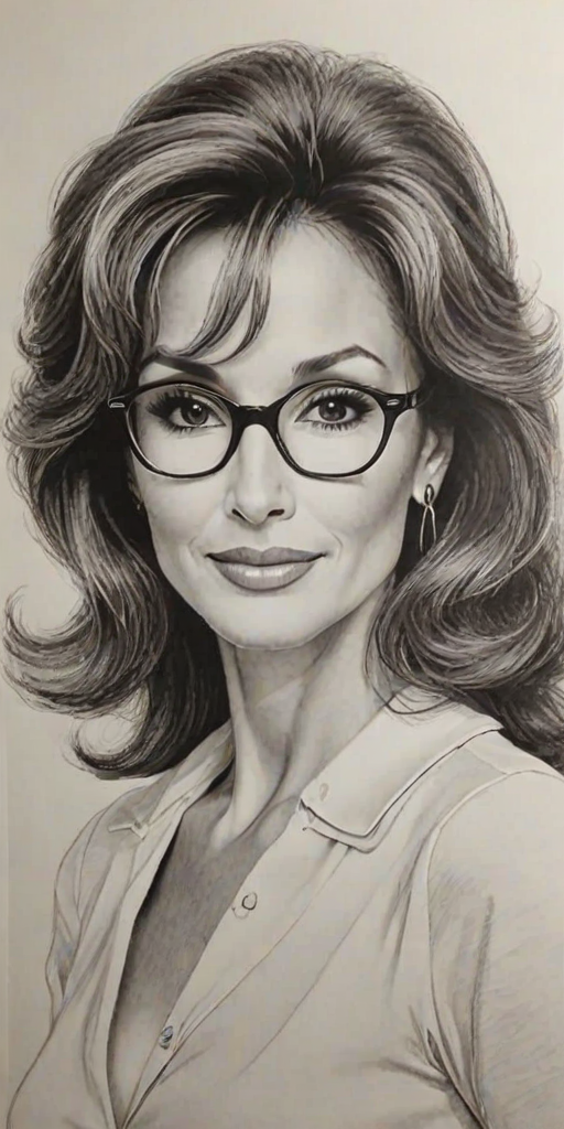 Gorgeous Susan Lucci, pencil sketch, portrait of Charming woman 1974s in glasses, hair style beatnik, outline, clear lines, fine lines, 8k