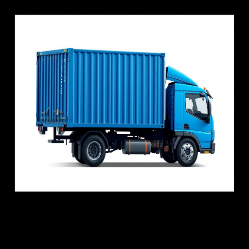 Create a high-resolution illustration of a side view of a blue delivery truck with a container, using a Canon EOS 5D Mark IV, 50mm lens, f/2.8, ISO 100, with Studio lighting and a clean white background.