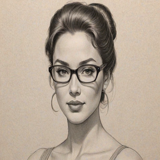 Beauteous Kitana Kiki Rodriguez, pencil sketch, portrait of Delightful woman 1953s in glasses, hair style beatnik, outline, clear lines, fine lines, 8k