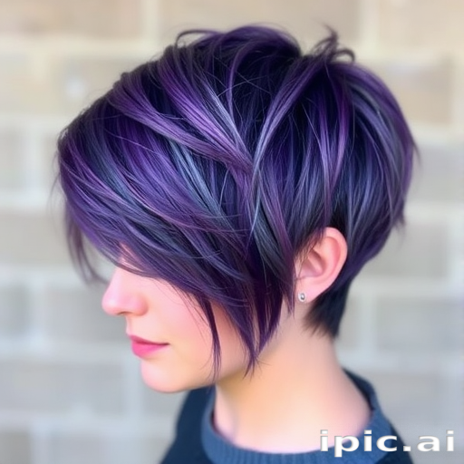 Deep violet hair with silver highlights in a textured pixie cut, Amethyst Starlight style, combining edgy short layers with a regal purple hue