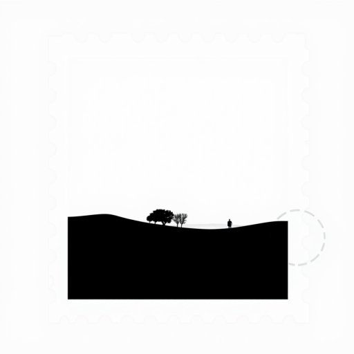 Create a high-resolution image of a minimalist black silhouette landscape within a stamp-shaped frame, using a DSLR camera with a 50mm lens, aperture f/1.8, ISO 100, and a shallow depth of field to enhance the contrast and clarity.