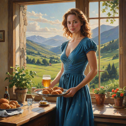 In "A Glass of Beer on the Highland," a serene scene is depicted in a sunlit room where a woman in a vibrant blue dress stands by a large window. She holds a tray with a hearty meal and a frothy glass of beer, embodying a moment of relaxation. Outside, the breathtaking highland landscape features rolling green hills and a charming traditional house, all bathed in warm afternoon light. The interior is adorned with potted plants, creating a harmonious blend of comfort and nature. The painting beautifully captures the tranquility and joy found in simple pleasures amidst stunning scenery