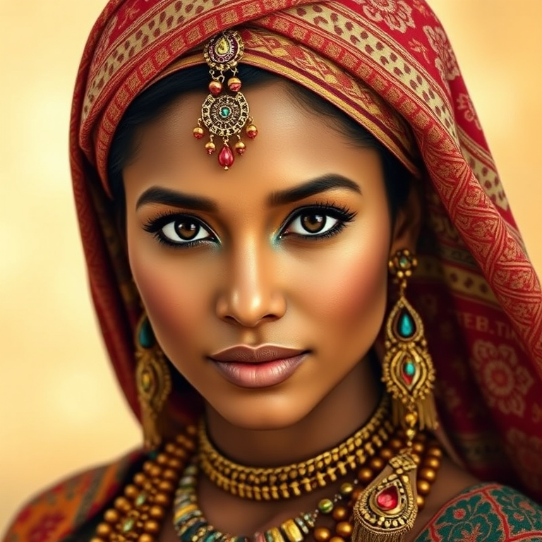 Create a portrait of a beautiful Tongan woman with striking black eyes and a gentle expression. She is adorned in traditional attire with intricate patterns, including a richly embroidered headscarf and matching garments. Her jewelry includes a delicate headpiece, dangling earrings, and ornate bracelets, all featuring vibrant gemstones and detailed metalwork. The background is soft and warm, enhancing the rich colors of her outfit and jewelry.