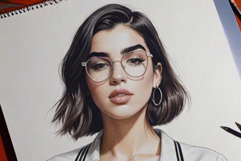 Superb Dua Lipa, pencil sketch, portrait of Alluring woman 1967s in glasses, hair style beatnik, outline, clear lines, fine lines, 8k