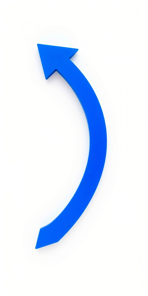 Create an image of a blue curved arrow, centered on a white background, using a DSLR camera with a focus of 50mm, aperture set to f/2.8, ISO 100, and natural lighting for enhanced clarity and color vibrancy.