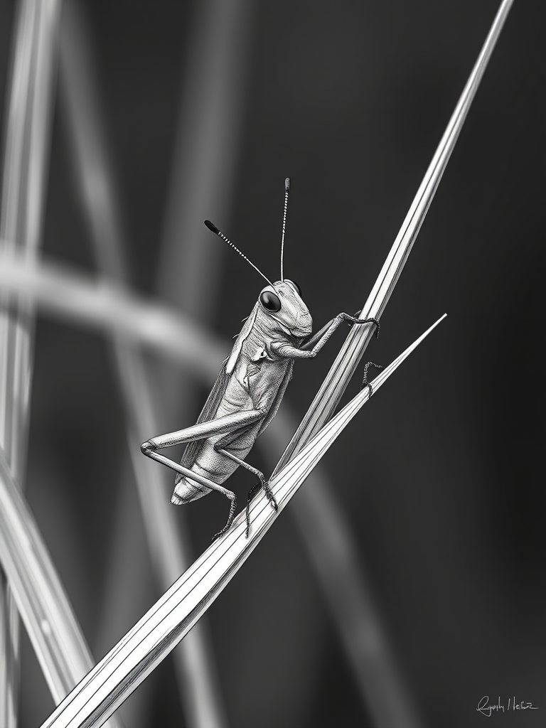 a detailed illustration of a grasshopper perched on a slender grass stalk, with intricate line work showcasing the texture of the insect and surrounding vegetation, captured with a macro lens at f/2.8, ISO 100, shutter speed 1/250s, natural lighting, photography style digital art, camera type DSLR